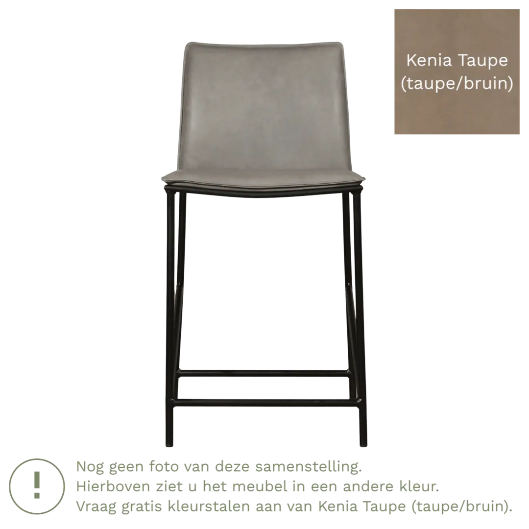 afbeelding van Leren barkruk laag Favor - Kenia Taupe (taupe/bruin) - poten staal rond zwart